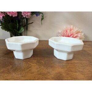 Vintage Milk Glass Octagon Pattern Candle Holders Pair Wedding Decor Centerpiece